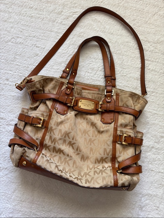 Michael Kors Handbags - Michael Kors Tan & Brown MK Signature Tote with Leather Trim